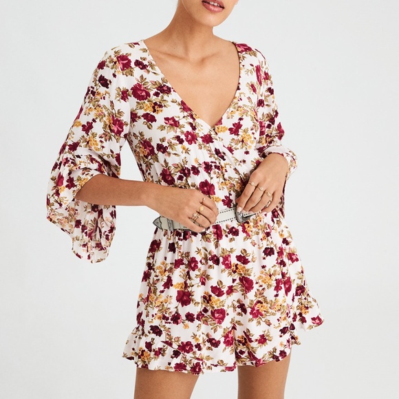 American Eagle Outfitters Pants - AE RUFFLE SLEEVE LINED WRAP FRONT ROMPER